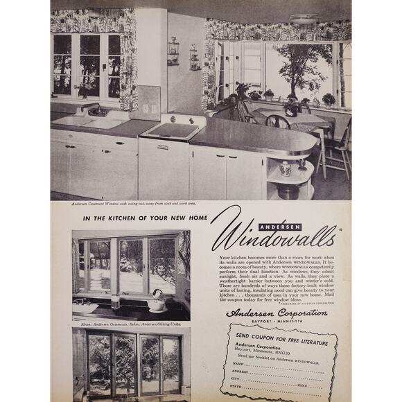 1950 Andersen Windowalls MCM Kitchen Windows Vtg Print Ad Grayscale‎ - Picture 1 of 6